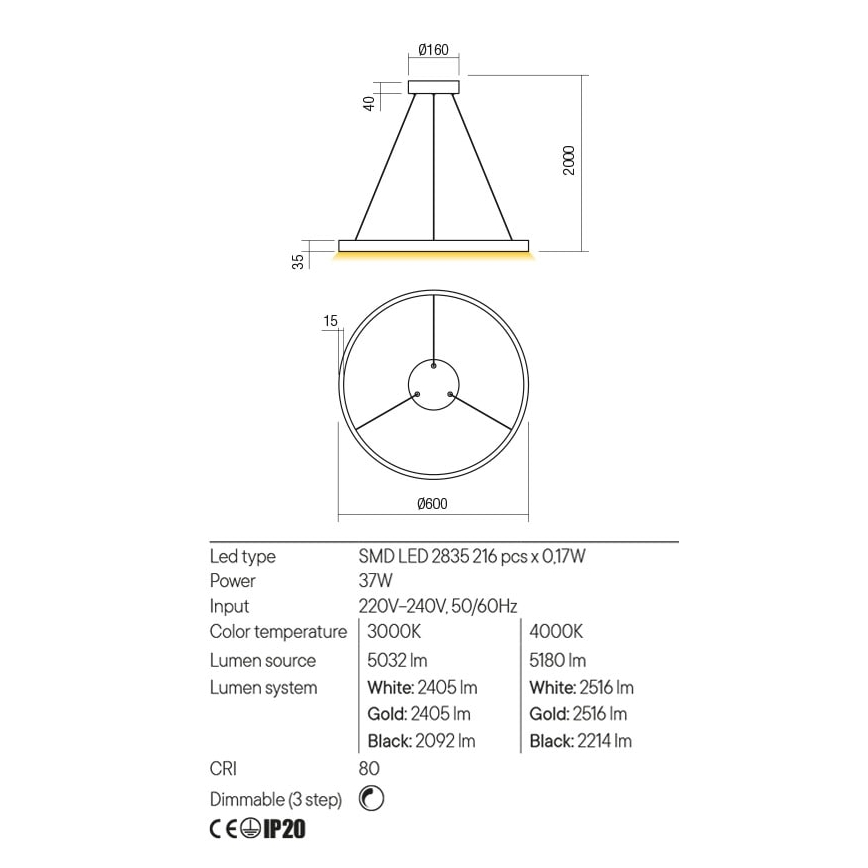 Redo 01-2865 - LED ρυθμιζόμενο κρεμαστό φωτιστικό με καλώδιο ανάρτησης FEBE LED/37W/230V χρυσό