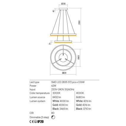 Redo 01-2889 - Ρυθμιζόμενο LED κρεμαστό φωτιστικό με καλώδιο FEBE LED/62W/230V χρυσό