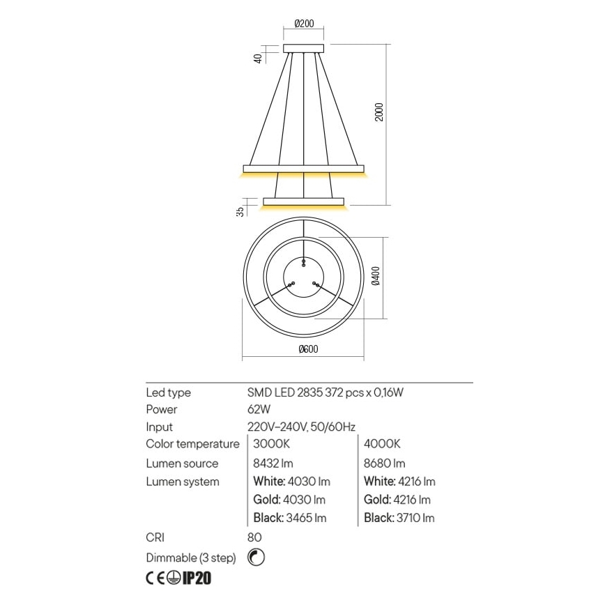 Redo 01-2889 - Ρυθμιζόμενο LED κρεμαστό φωτιστικό με καλώδιο FEBE LED/62W/230V χρυσό