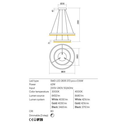 Redo 01-2891 - Led Dimmable κρεμαστό φωτιστικό οροφής FEBE LED/62W/230V μαύρο