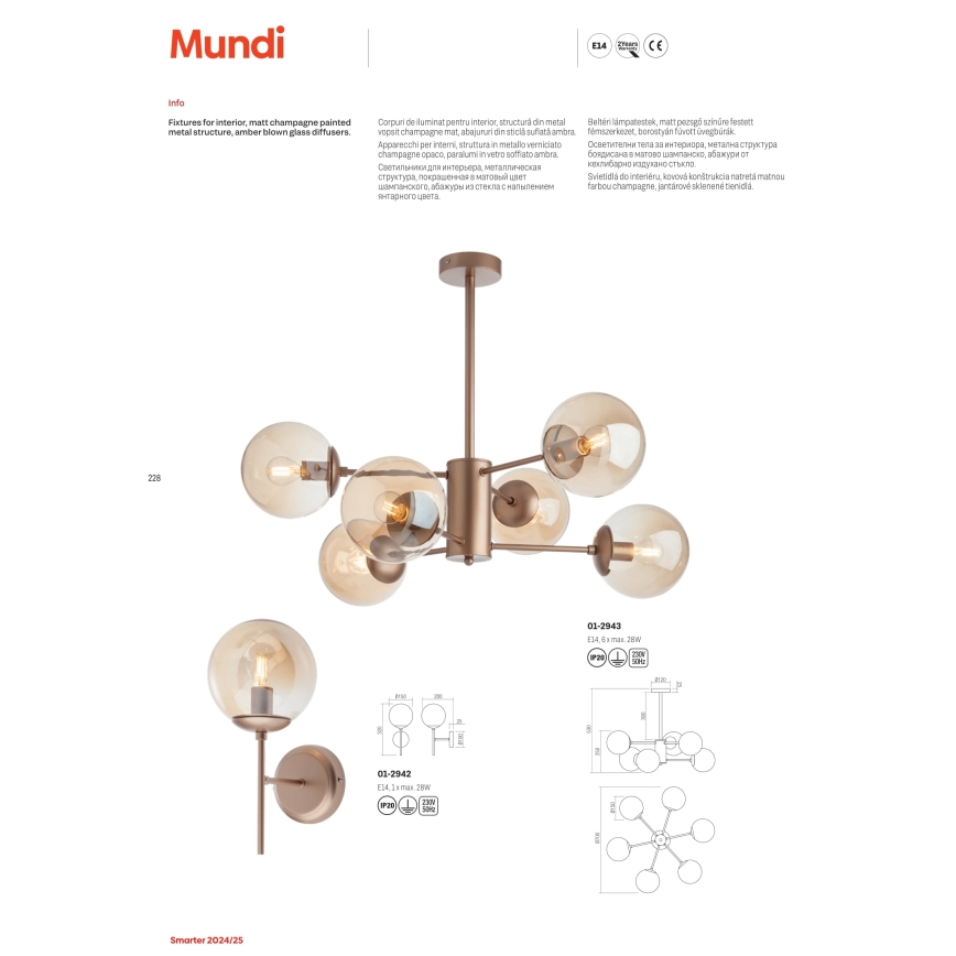 Redo 01-2942 - Λάμπα τοίχου MUNDI 1xE14/28W/230V χαλκός