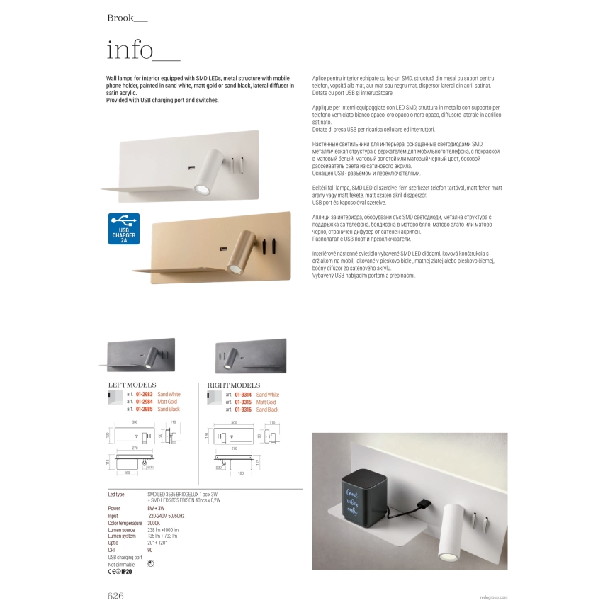Redo 01-2985 - Φωτιστικό σποτ τοίχου LED BROOK LED/8W/230V + LED/3W USB CRI 90 μαύρο left
