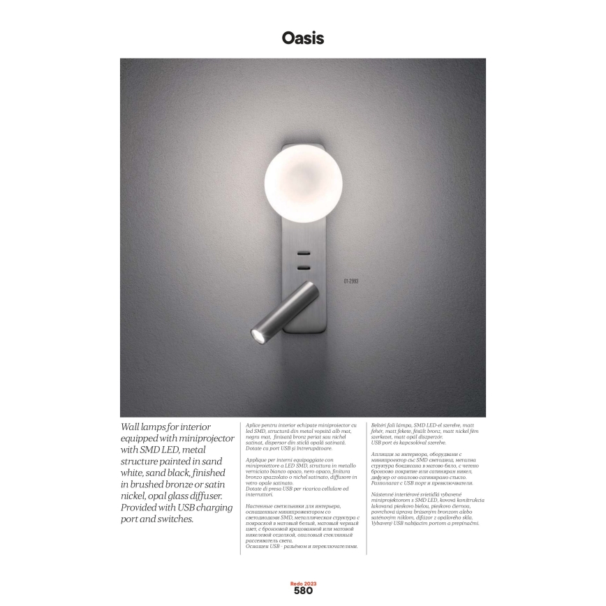 Redo 01-2991 - LED Επιτοίχιο φωτιστικό OASIS LED/3W/230V + 1xG9/10W USB CRI 90 λευκό