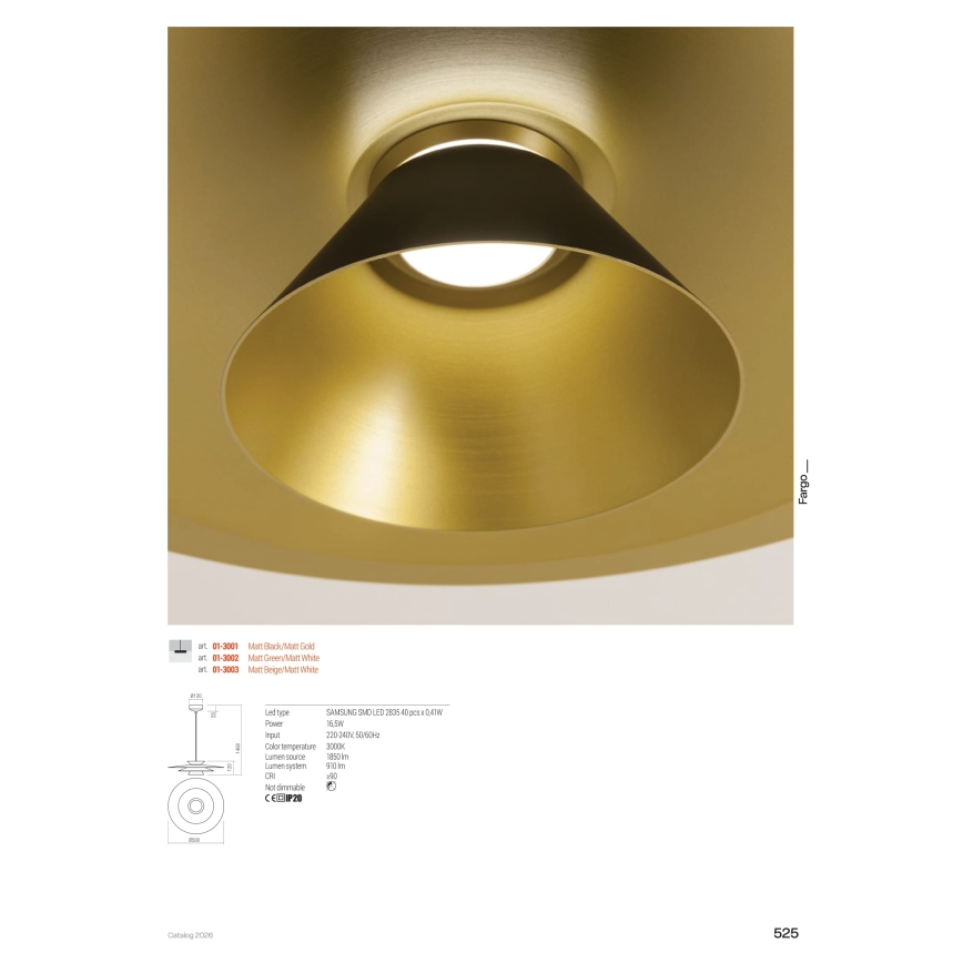 Redo 01-3001 - Κρεμαστό φωτιστικό LED με καλώδιο FARGO LED/16,5W/230V CRI 90 Ø 50 cm μαύρο/χρυσό