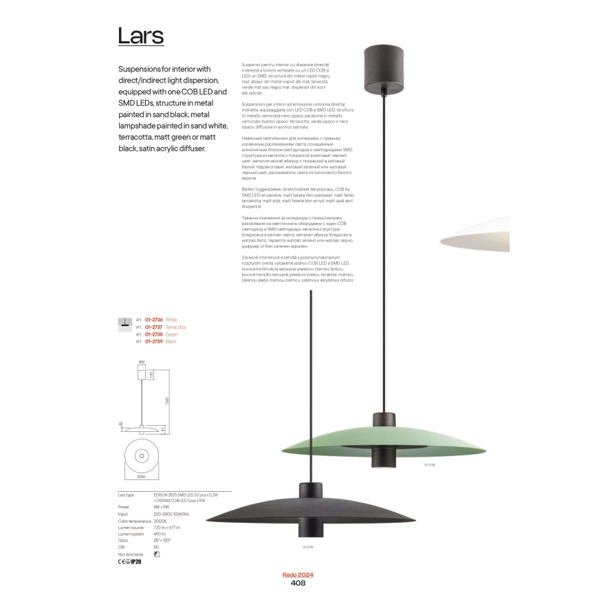 Redo 01-3018 - LED κρεμαστό φωτιστικό σε σύρμα LARS LED/14W/230V + LED/10W Ø 60 cm CRI 90 λευκό