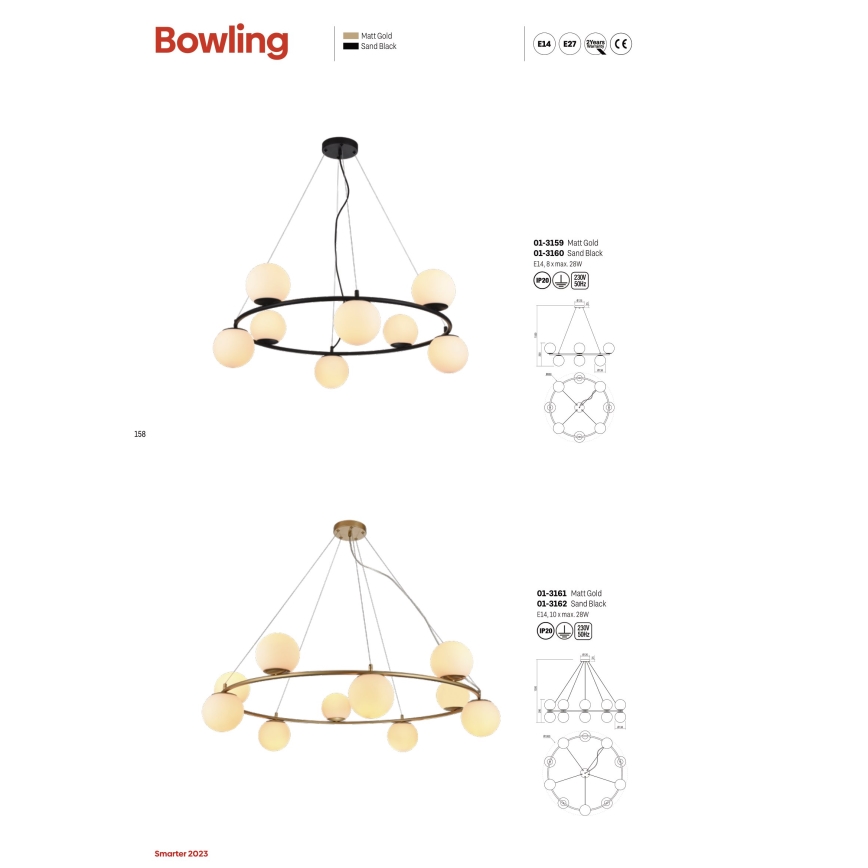 Redo 01-3157 -Κρεμαστό φωτιστικό οροφής BOWLING 6xE14/28W/230V χρυσαφί