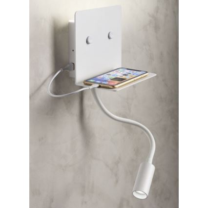 Redo 01-3210 - Φωτιστικό τοίχου LED με εύκαμπτο σποτάκι ανάγνωσης MOKA LED/6W + LED/3W/230V USB CRI90 λευκό