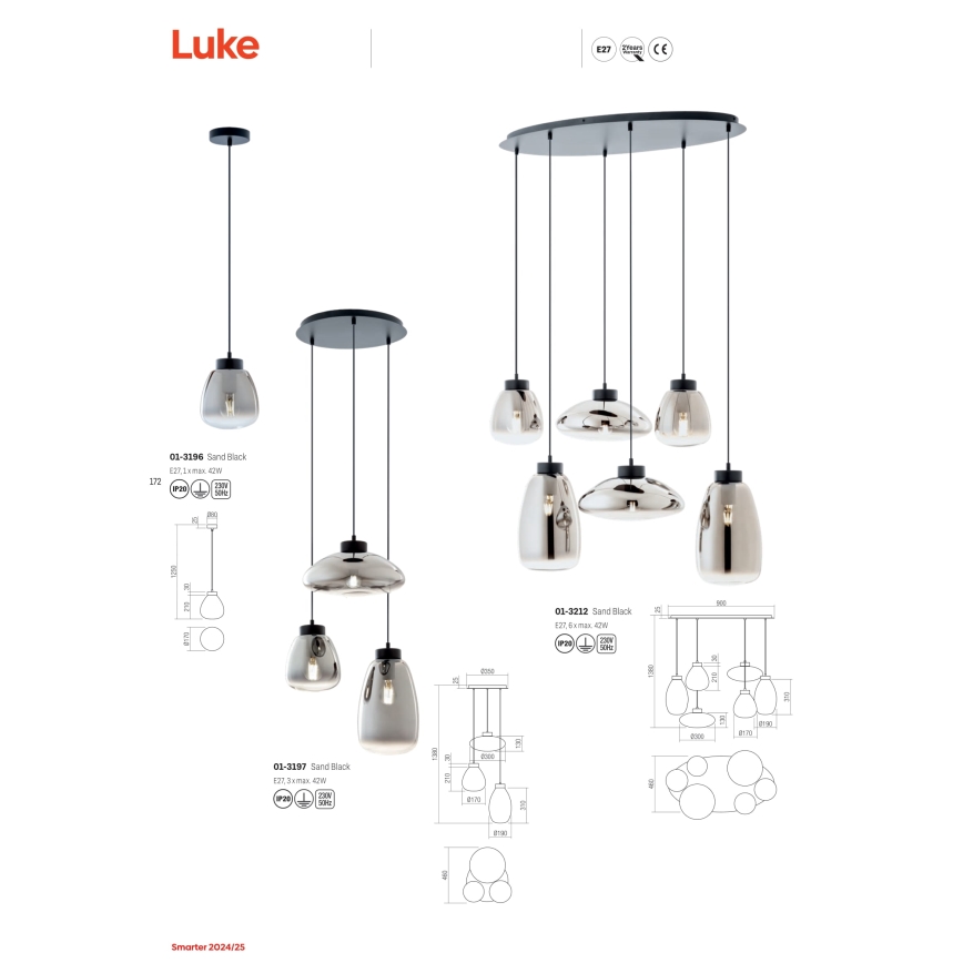 Redo 01-3212 - Κρεμαστό φωτιστικό οροφής LUKE 6xE27/42W/230V μαύρο