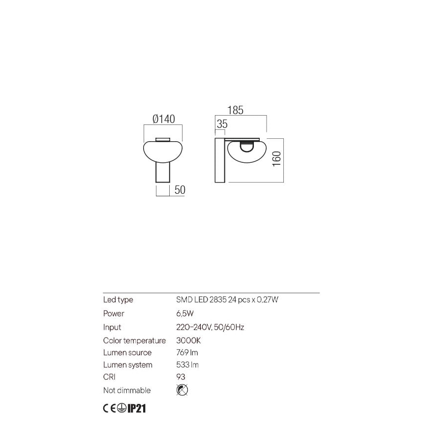 Redo 01-3242 - Φωτιστικό τοίχου LED SINCLAIR LED/6,5W/230V CRI 93 IP21 μαύρο