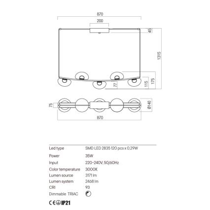 Redo 01-3243 - Led Dimmable κρεμαστό φωτιστικό οροφής SINCLAIR LED/35W/230V CRI 93 IP21 χρυσαφί