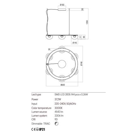 Redo 01-3247- Led Dimmable κρεμαστό φωτιστικό οροφής SINCLAIR LED/37,2W/230V CRI 93 IP21 χρυσαφί