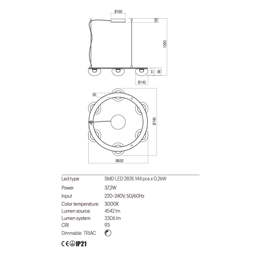 Redo 01-3247- Led Dimmable κρεμαστό φωτιστικό οροφής SINCLAIR LED/37,2W/230V CRI 93 IP21 χρυσαφί