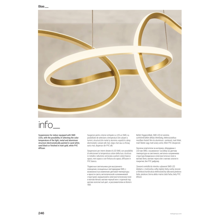 Redo 01-3389 - Ρυθμιζόμενο κρεμαστό φωτιστικό LED με καλώδιο BIAS LED/90W/230V 3000/4500/6500K CRI 90 χρυσό