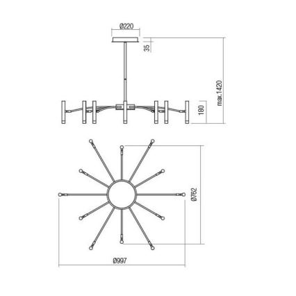 Redo 01-3448 - RAYEN LED πολυέλαιος σε ράβδο, ρυθμιζόμενος, 60W/230V, CRI 90, χρυσός