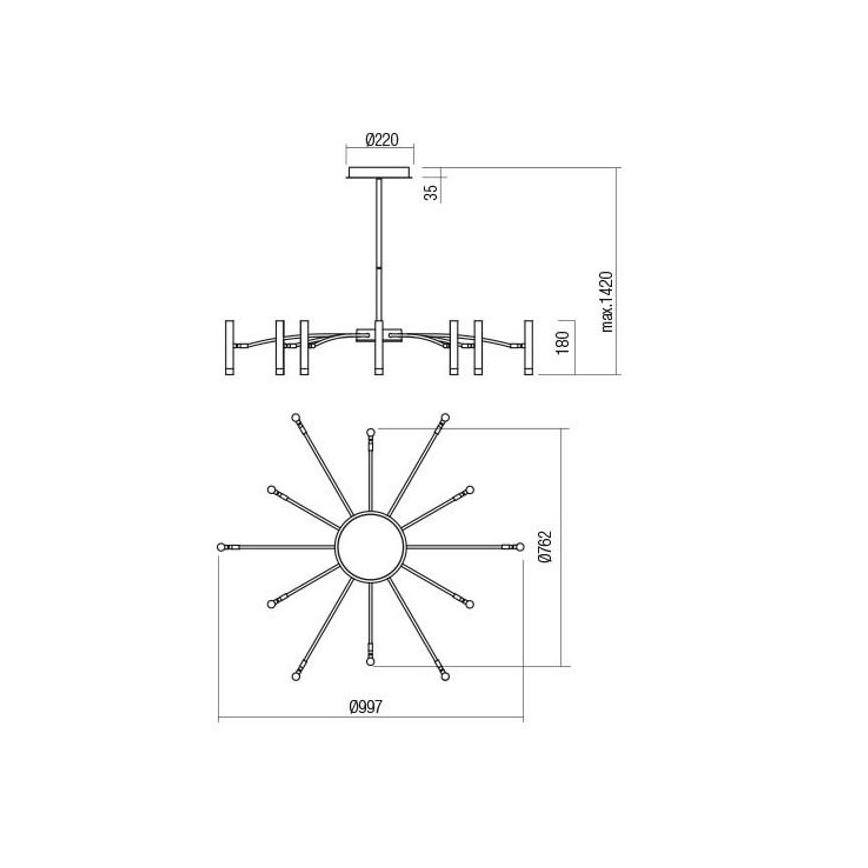 Redo 01-3448 - RAYEN LED πολυέλαιος σε ράβδο, ρυθμιζόμενος, 60W/230V, CRI 90, χρυσός