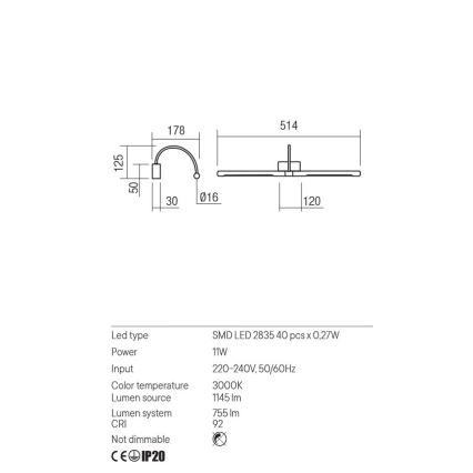 Redo 01-3466 - Φωτιστικό πίνακα LED KENDO LED/11W/230V 51,4 cm CRI 92 λευκό