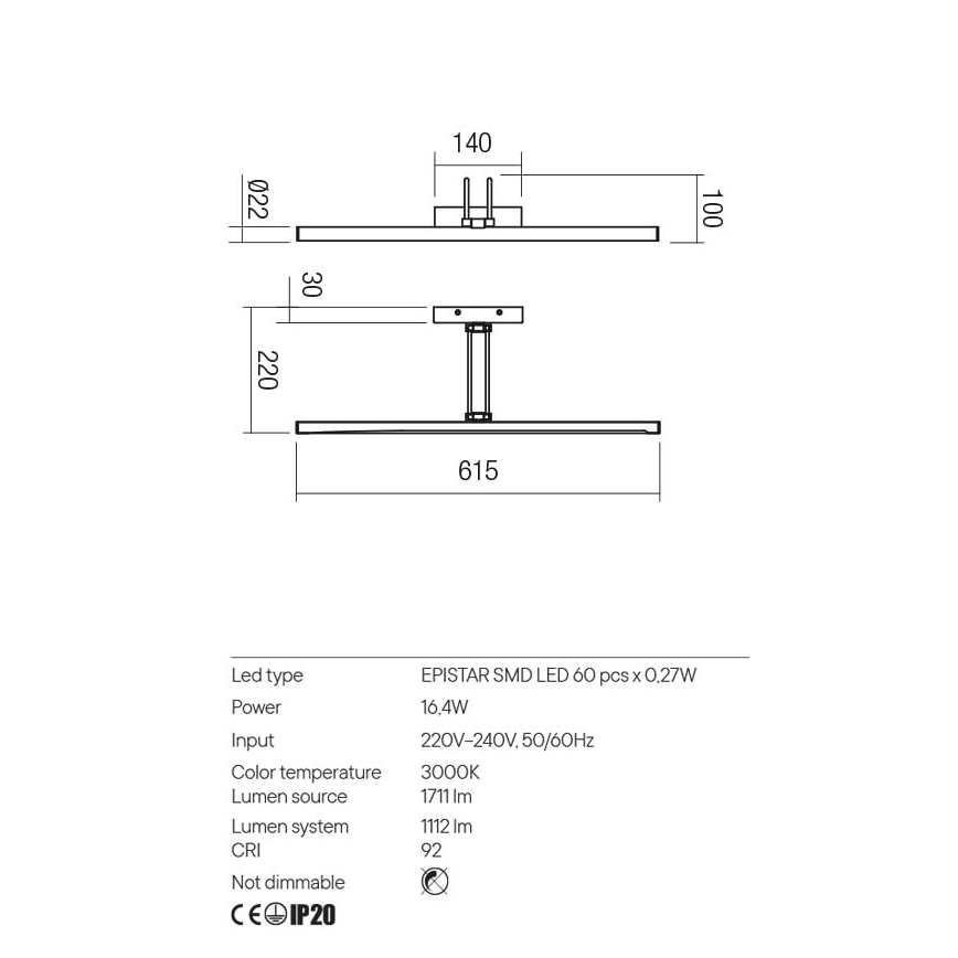 Redo 01-3470 - Φωτιστικό πίνακα LED IKON LED/16,4W/230V 61,5 cm CRI 92 λευκό