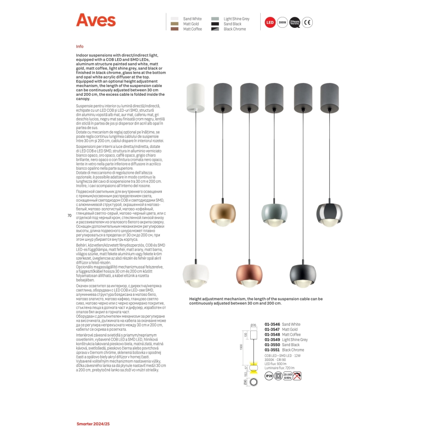 Redo 01-3548 -  Κρεμαστό φωτιστικό οροφής LED AVES LED/12W/230V διάμετρος 9,6 cm CRI 90 χαλκός