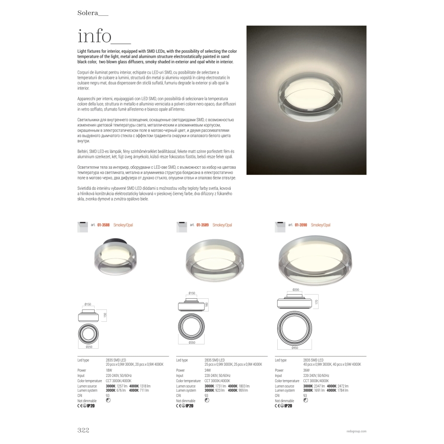 Redo 01-3590 - Φωτιστικό οροφής LED SOLERA LED/36W/230V διάμετρος 45 cm CRI 93 3000/4000K γκρι