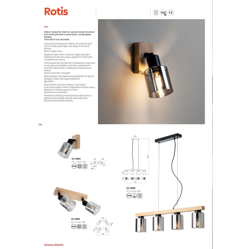 Redo 01-3986 - Κρεμαστό φωτιστικό οροφής ROTIS 4xE27/15W/230V