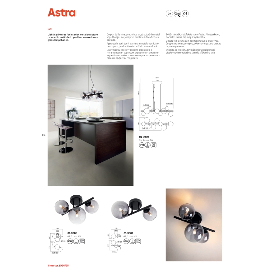 Redo 01-3989 - Κρεμαστό φωτιστικό οροφής ASTRA 9xG9/8W/230V μαύρο