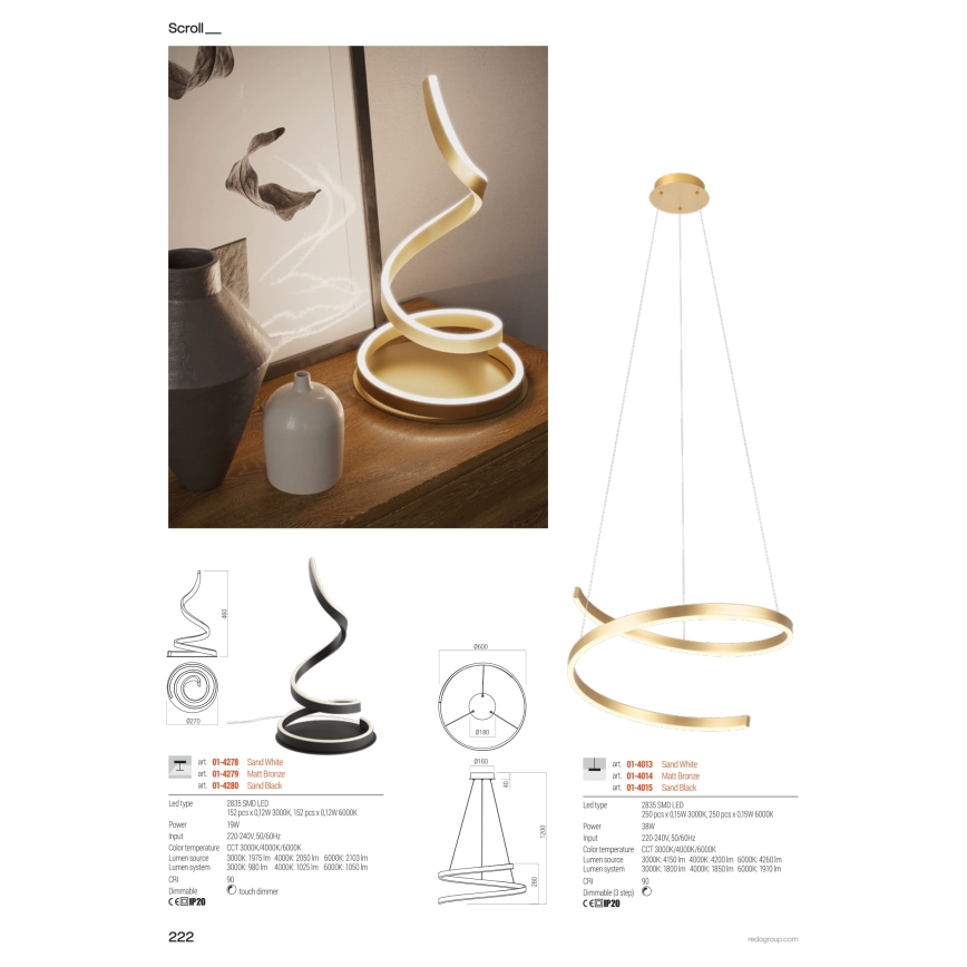 Redo 01-4013 - Ρυθμιζόμενο LED κρεμαστό φωτιστικό με καλώδιο SCROLL LED/38W/230V 3000K/4000K/6000K CRI 90 διάμ. 60 εκ. λευκό