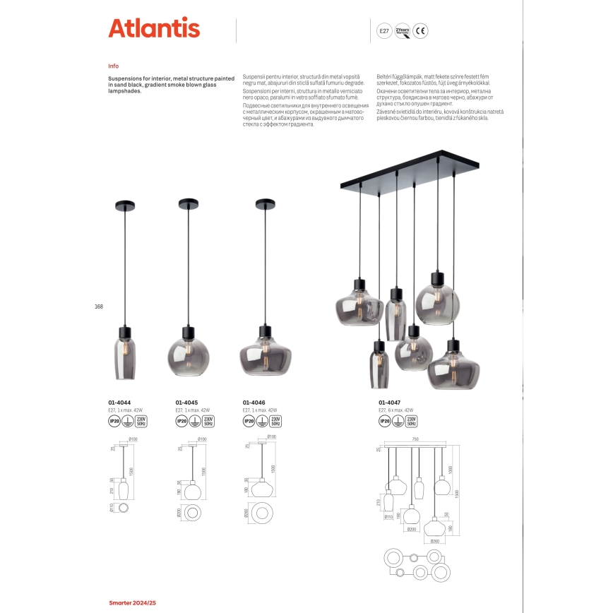 Redo 01-4046 - Κρεμαστό φωτιστικό οροφής ATLANTIS 1xE27/42W/230V διάμετρος 26 cm μαύρο