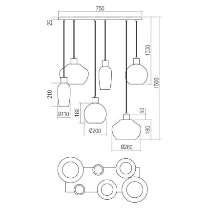 Redo 01-4047 - Κρεμαστό φωτιστικό οροφής ATLANTIS 6xE27/42W/230V μαύρο