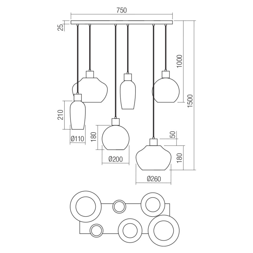 Redo 01-4047 - Κρεμαστό φωτιστικό οροφής ATLANTIS 6xE27/42W/230V μαύρο