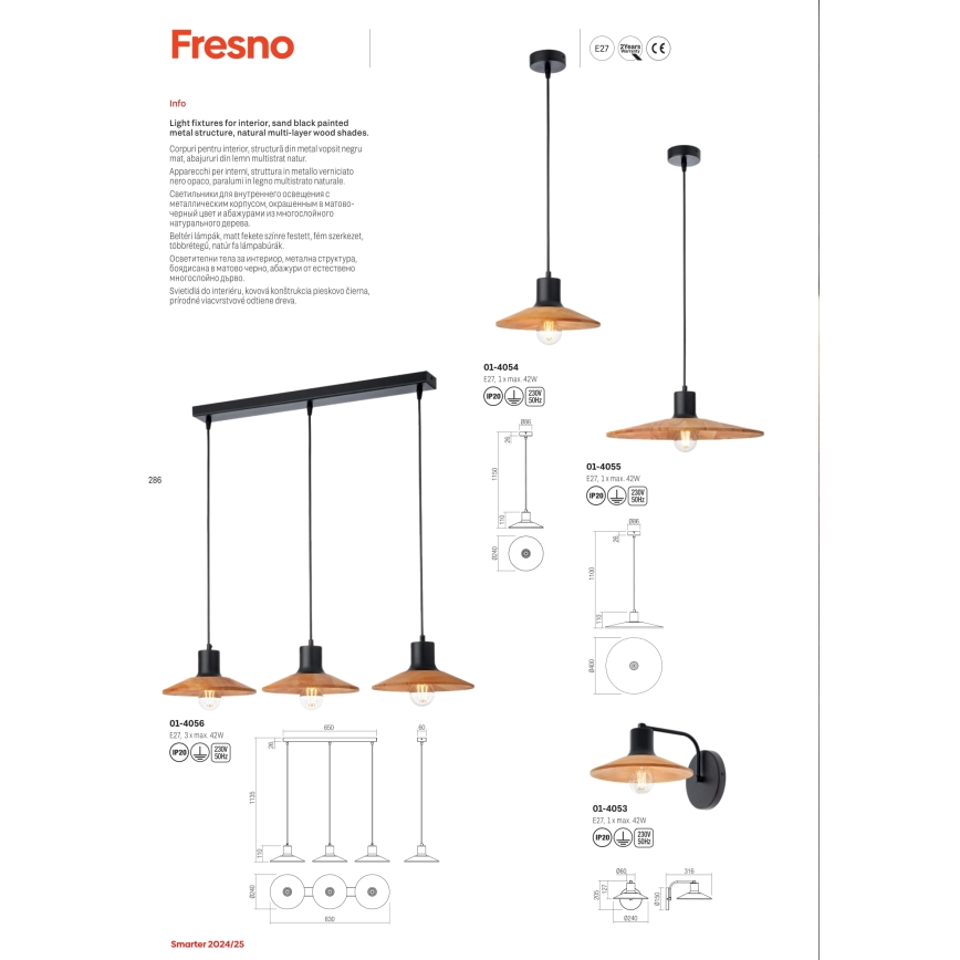 Redo 01-4054 - Κρεμαστό φωτιστικό οροφής FRESNO 1xE27/42W/230V διάμετρος 24 cm