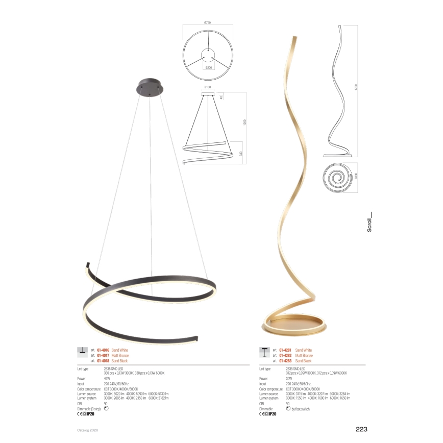 Redo 01-4281 - Ρυθμιζόμενο επιδαπέδιο φωτιστικό LED SCROLL LED/30W/230V 3000K/4000K/6000K CRI 90 λευκό