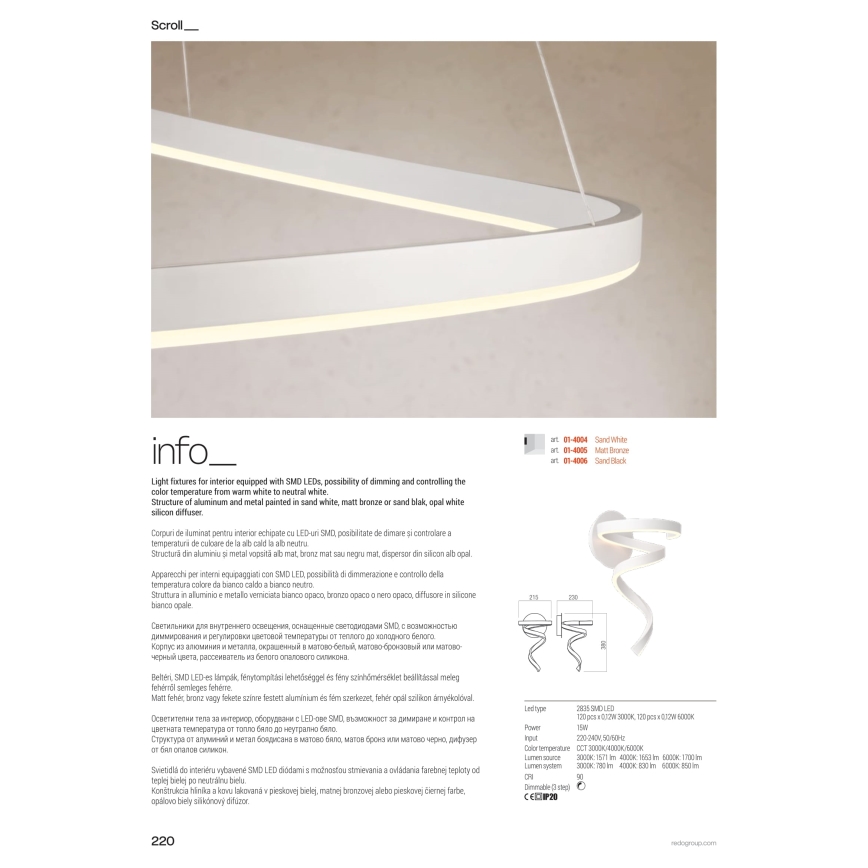 Redo 01-4282 - Ρυθμιζόμενο επιδαπέδιο LED φωτιστικό SCROLL LED/30W/230V 3000K/4000K/6000K CRI 90 χρυσό