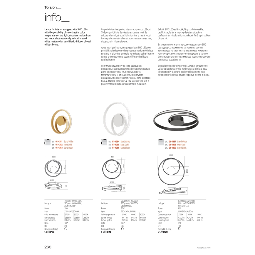 Redo 01-4358 - Ρυθμιζόμενο LED φωτιστικό οροφής TORSION LED/40W/230V 2700/3000/4000K CRI 90 Ø 56 cm χρυσό