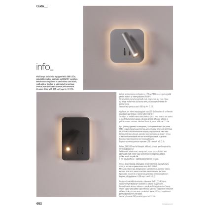 Redo 01-4473 - Επιτοίχιο φωτιστικό QUDA LED/6W/230V + LED/3W CRI 90 USB μπρονζέ