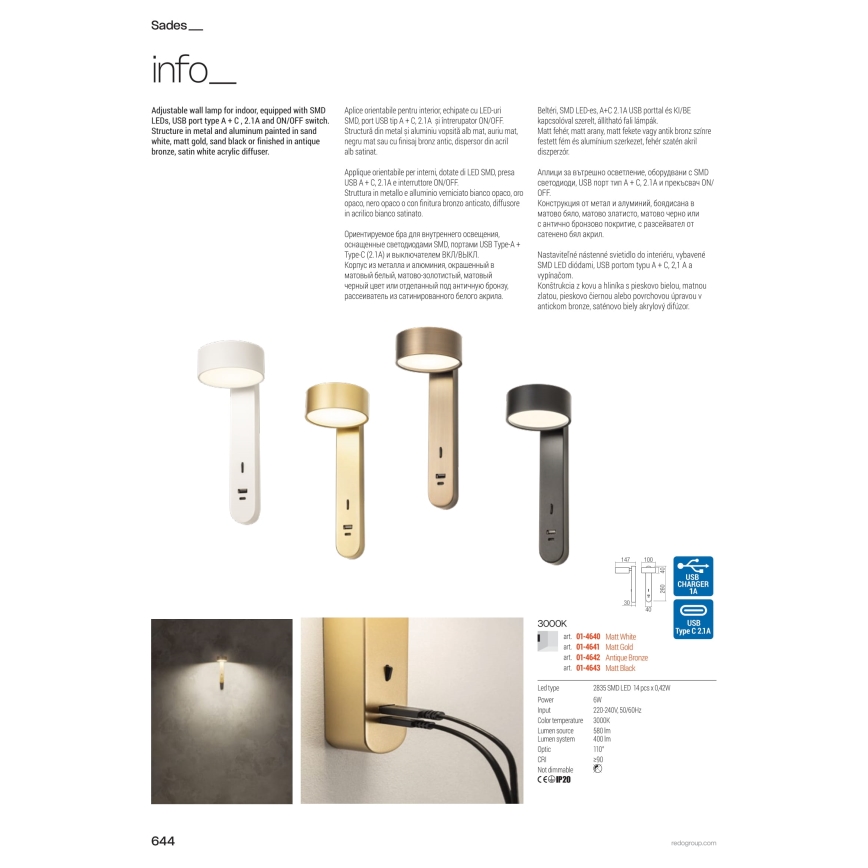 Redo 01-4641 - Επιτοίχιο LED φωτιστικό SADES LED/6W/230V CRI 90 USB χρυσό