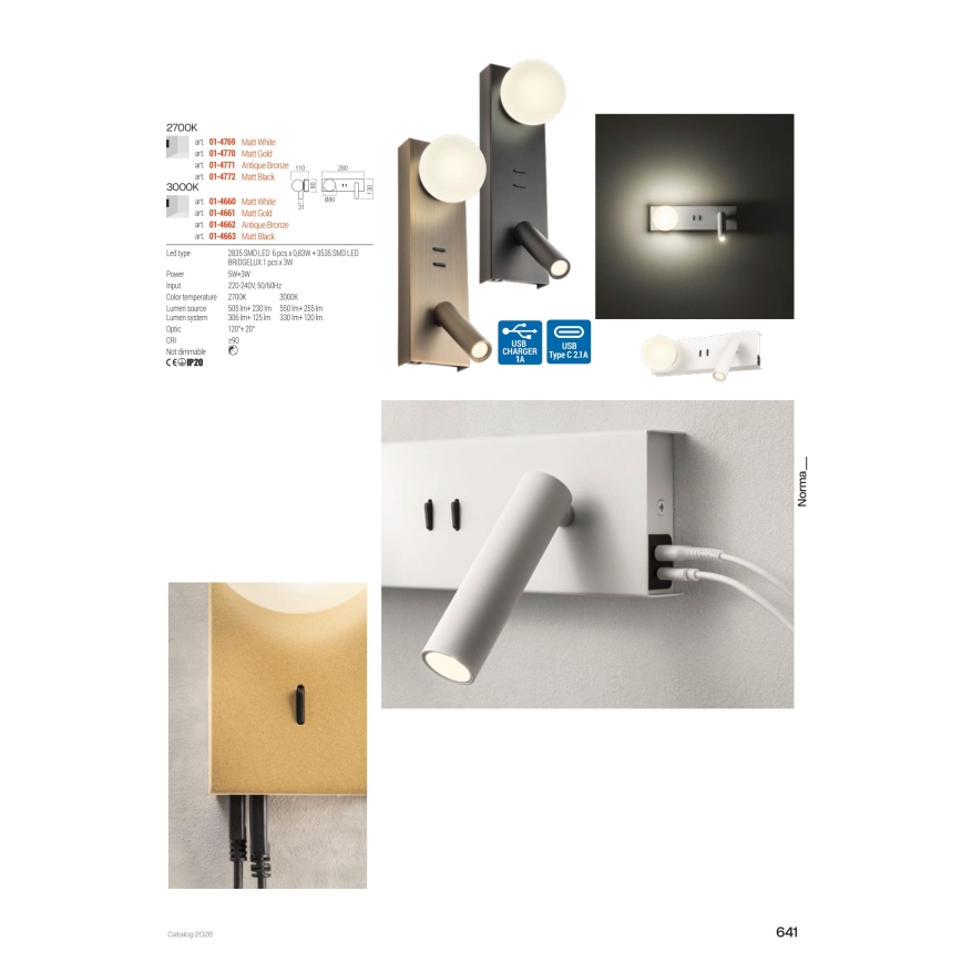 Redo 01-4661 - LED Επιτοίχιο Φωτιστικό NORMA LED/5W/230V + LED/3W CRI 90 USB λευκό/χρυσό