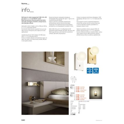 Redo 01-4662 - LED Επιτοίχιο φωτιστικό NORMA LED/5W/230V + LED/3W CRI 90 USB λευκό/μπρονζέ