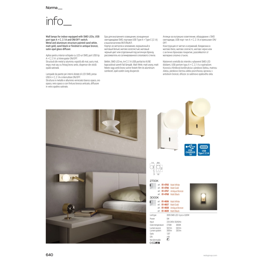 Redo 01-4662 - LED Επιτοίχιο φωτιστικό NORMA LED/5W/230V + LED/3W CRI 90 USB λευκό/μπρονζέ