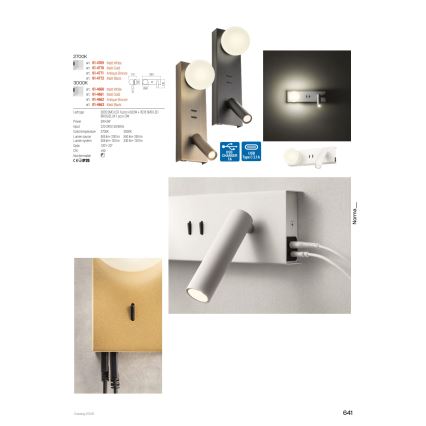Redo 01-4662 - LED Επιτοίχιο φωτιστικό NORMA LED/5W/230V + LED/3W CRI 90 USB λευκό/μπρονζέ