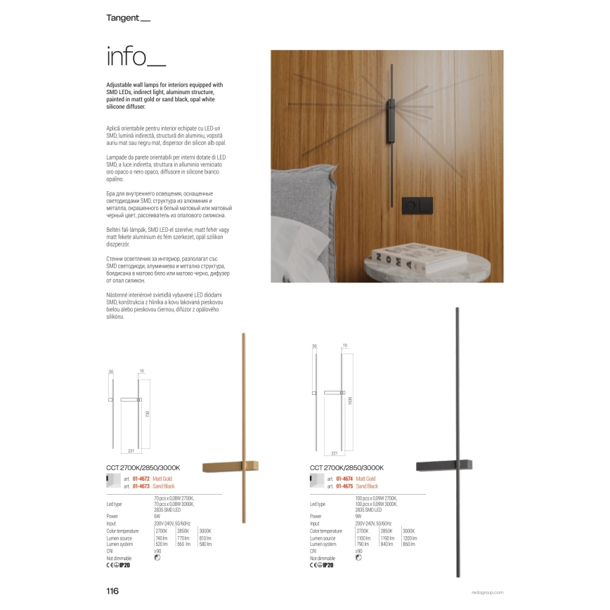 Redo 01-4674 - Επιτοίχιο LED φωτιστικό TANGENT LED/9W/230V 2700/2850/3000K 73 cm CRI 90 χρυσό
