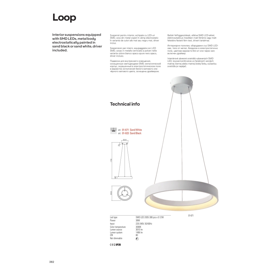 Redo 01-671 -  Κρεμαστό φωτιστικό οροφής LED LOOP LED/38W/230V διάμετρος 45 cm λευκό