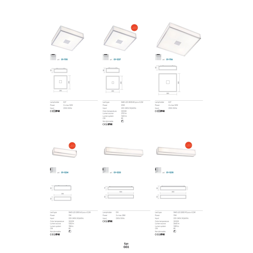 Redo 01-704 - Φωτιστικό οροφής μπάνιου EGO 1xE27/52W/230V 18x18 cm IP44