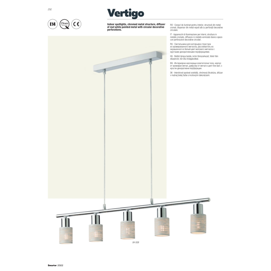 Redo 04-509 - Κρεμαστό φωτιστικό με καλώδιο VERTIGO 5xE14/28W/230V γυαλιστερό χρώμιο/λευκό