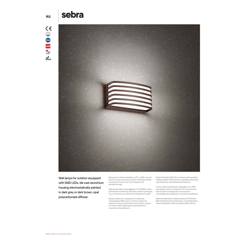 Redo 90038 - Εξωτερικό επιτοίχιο φωτιστικό LED SEBRA LED/15W/230V IP54