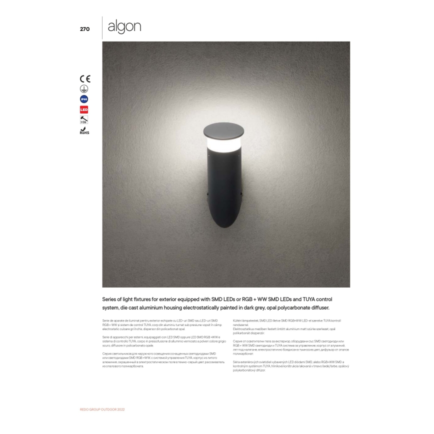 Redo 90073 - LED RGBW Εξωτερικό επιτοίχιο φωτιστικό ALGON LED/6W/230V Wi-Fi Tuya IP65 ανθρακί
