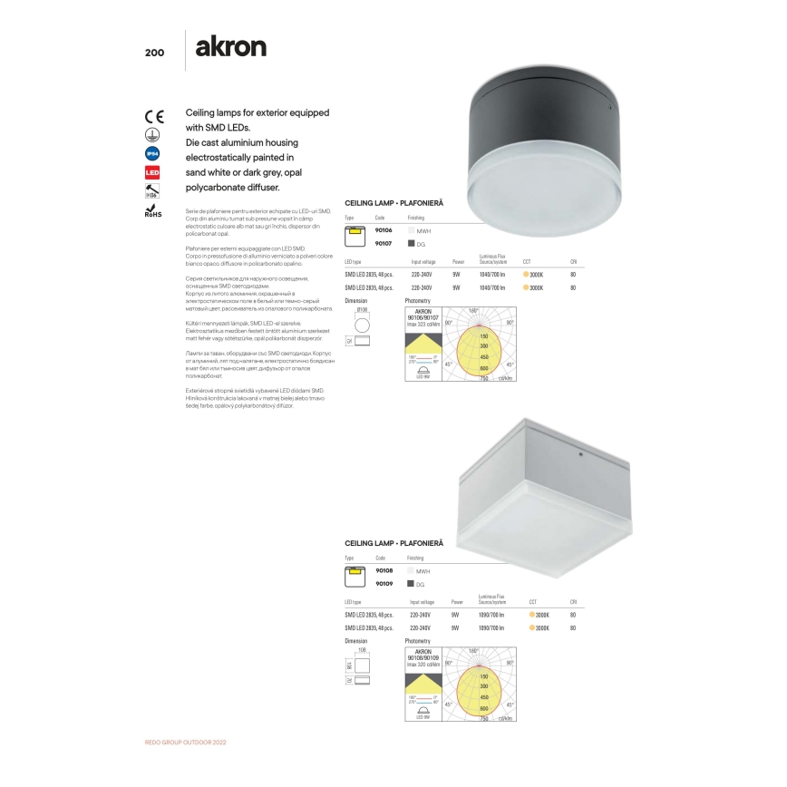 Redo 90107 - Εξωτερικό φωτιστικό οροφής LED AKRON LED/9W/230V Ø 10,8 cm IP54