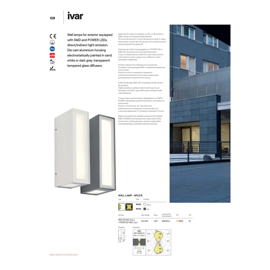 Redo 90114 - Επιτοίχιο φωτιστικό εξωτερικού χώρου LED IVAR LED/7,6W/230V IP54 ανθρακί