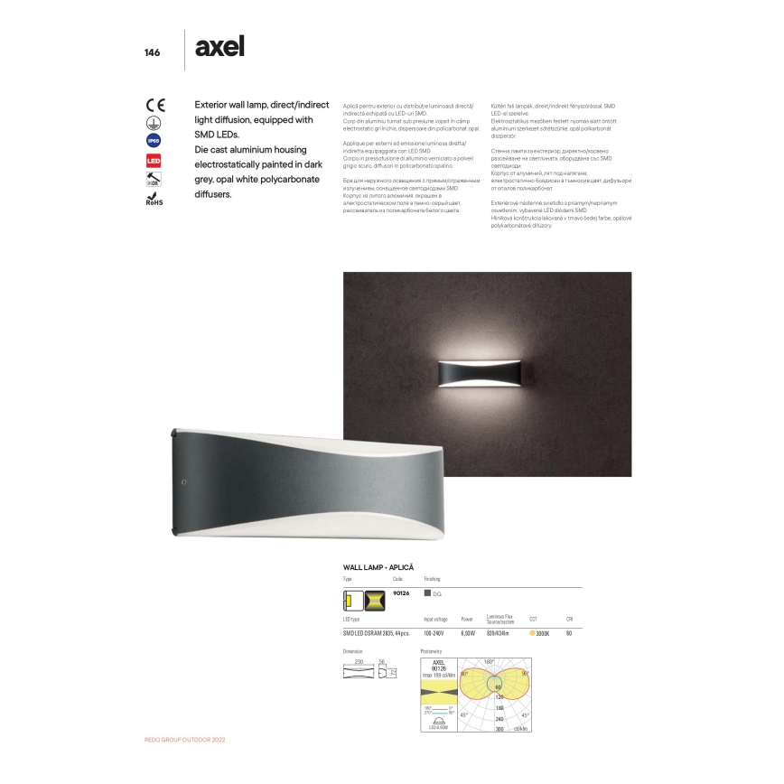 Redo 90126 - LED επιτοίχιο φωτιστικό εξωτερικού χώρου AXEL LED/7W/230V 3000 IP65 ανθρακί