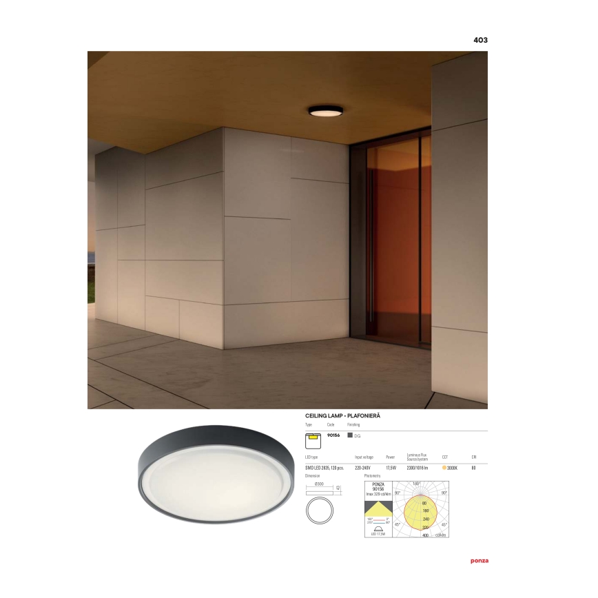 Redo 90156 - Φωτιστικό οροφής εξωτερικού χώρου LED PONZA LED/18W/230V διάμετρος 30 cm IP65