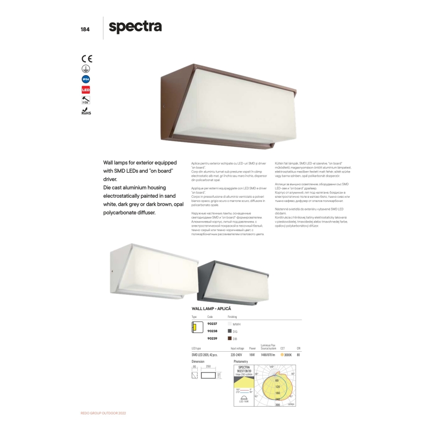 Redo 90239 - Επιτοίχιο φωτιστικό εξωτερικού χώρου LED SPECTRA LED/16W/230V 3000K IP54 καφέ